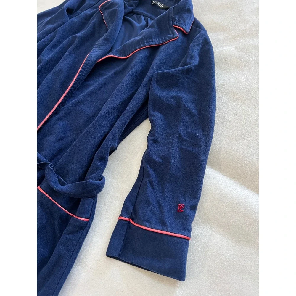 Vintage Pierre Cardin Navy Blue Full Length Robe Pink Trim Logo Embroidered